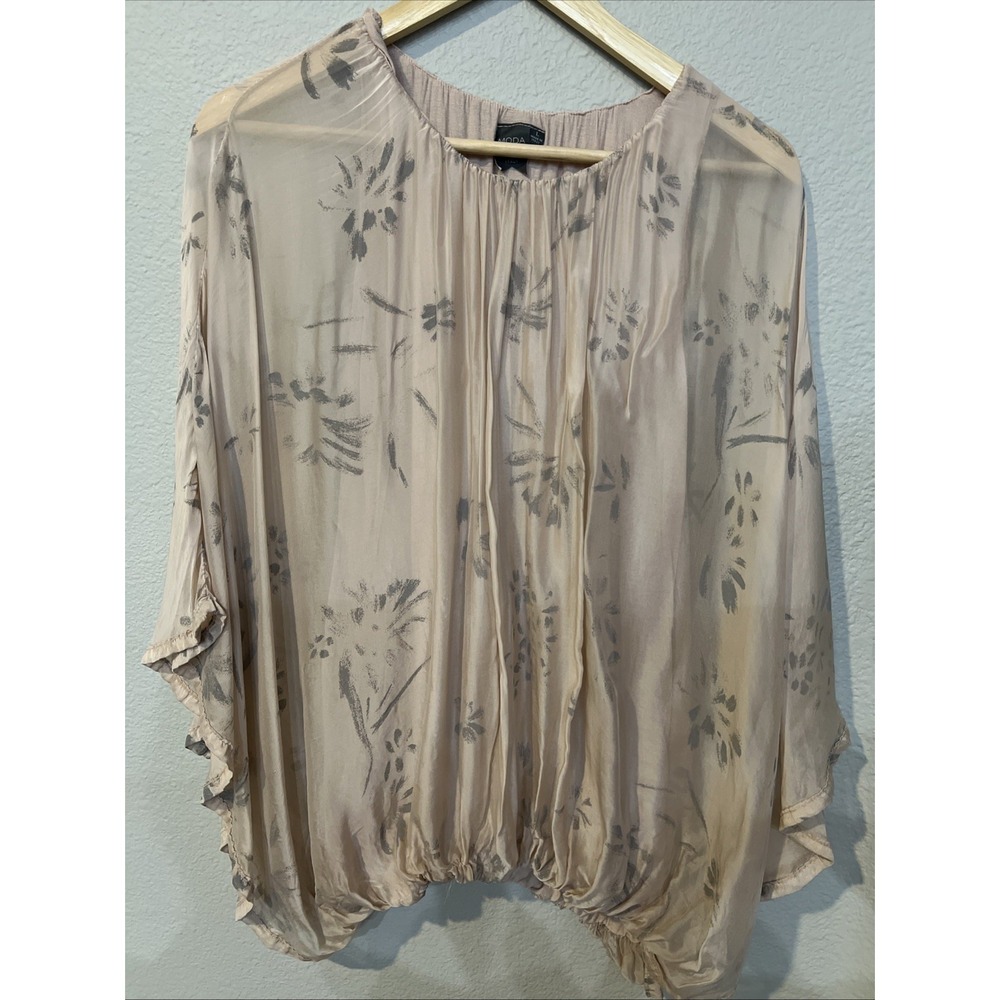 Moda Seta (Soft) Italy Sheer Lined PINK FLORAL Blouse SZ LARGE